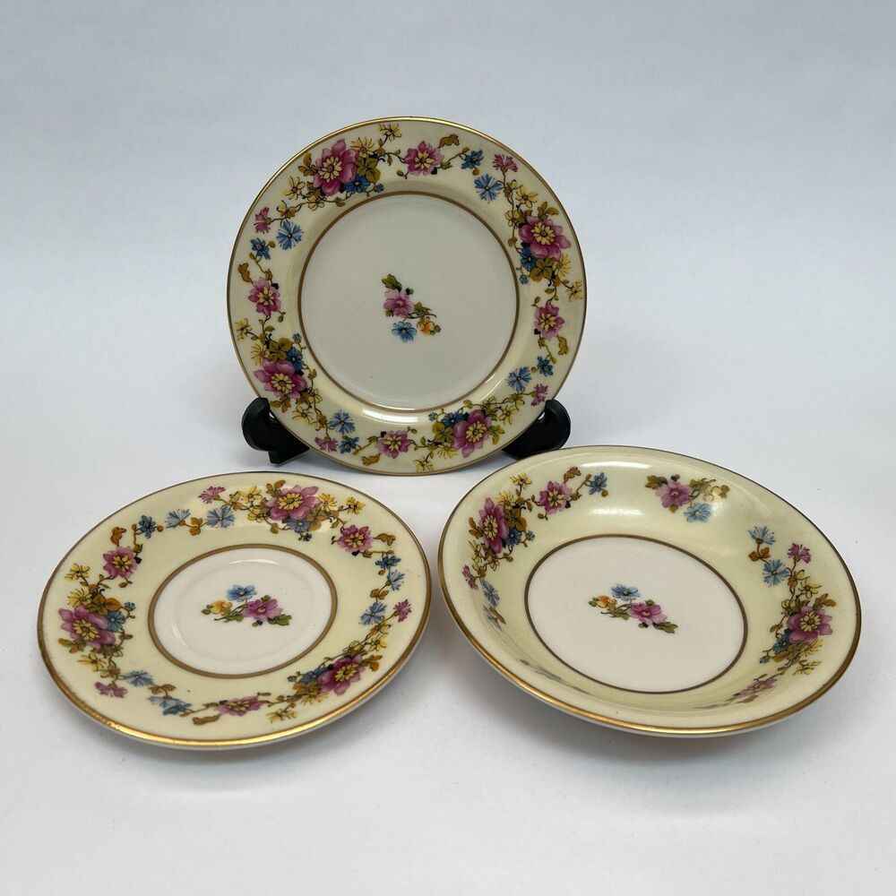 Morgan Belleek Wild Rose Saucer Bread Butter‎ Plates Fruit Bowl Floral Lot of 3